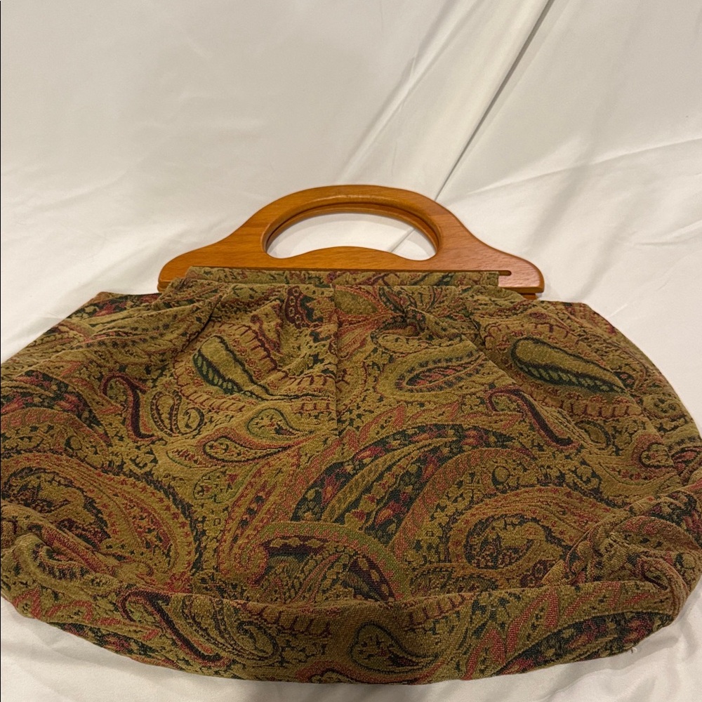 Paisley Patterned Women's Bag with Wooden Handle
